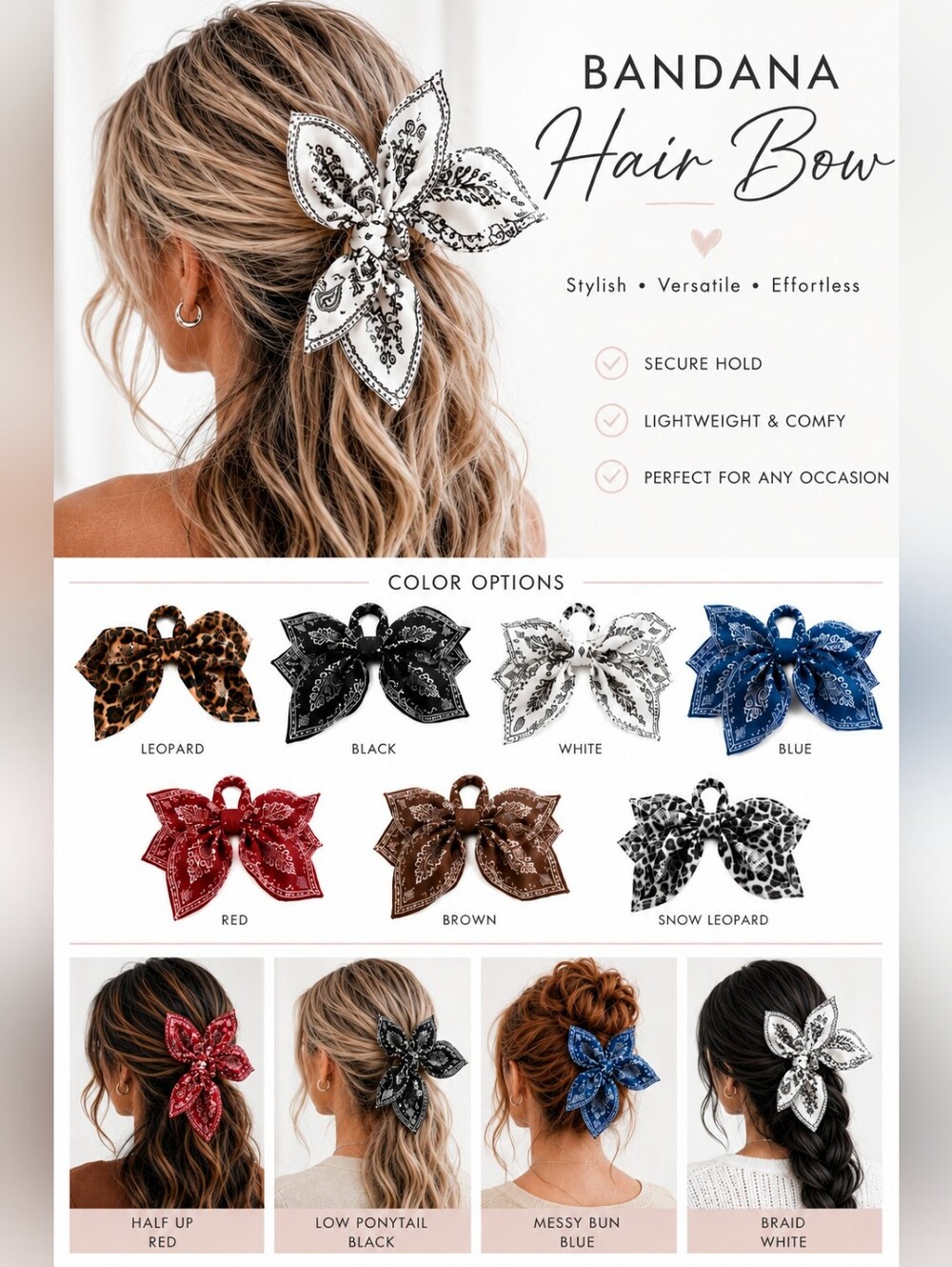 Handmade Bandana Hair Bow Claw Clip-Medium Size-Choice of Color